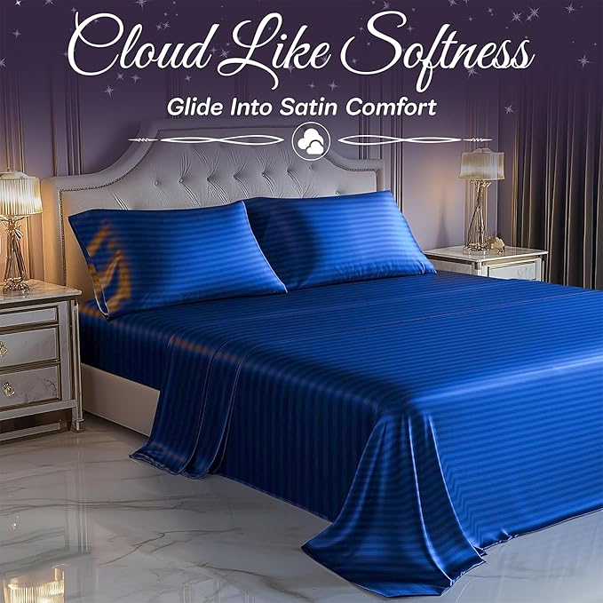 SLEEP SANCTUARY Satin Sheets Queen Size – 4 Piece Luxury Silky Bed Set, Softer Than Silk, 15" Deep Pocket, Cooling & Wrinkle-Free, Moisture-Wicking & Breathable for Hair & Skin (Striped Blue)