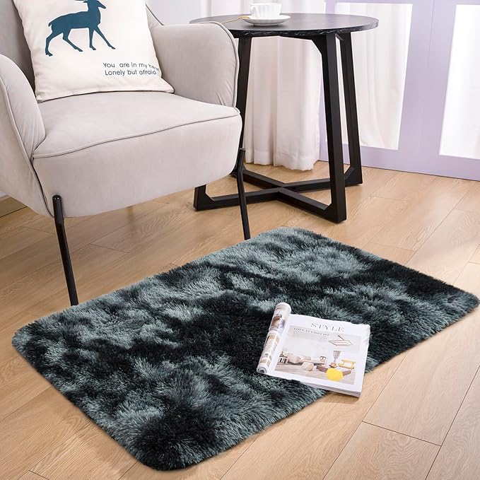 Noahas Door Mat Indoor Entrance,2x3 Shaggy Small Tie-Dyed Black and Grey Area Rugs for Entryway,Non-Slip Fluffy Entry Bedroom Rug,Soft Plush Bedside Throw Kids Carpet