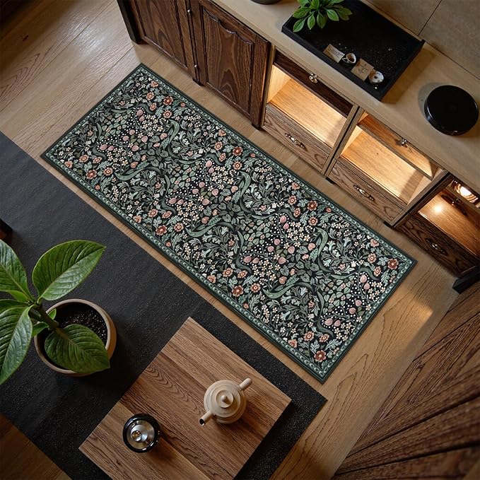 Lahome Claude Floral Kitchen Runner, 2x6 Black Washable Runner Rug Non Slip, Soft Low Pile Stain Resistant Bathroom Laundry Floor Carpet, Boho Thin Long Carpet for Entryway