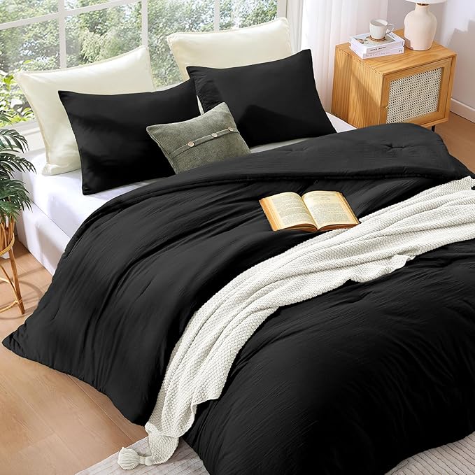 WRENSONGE Comforter Full Size, 3 Piece Black Soft Full Comforter Sets- Warm Bedding Set Full Suitable for All Seasons