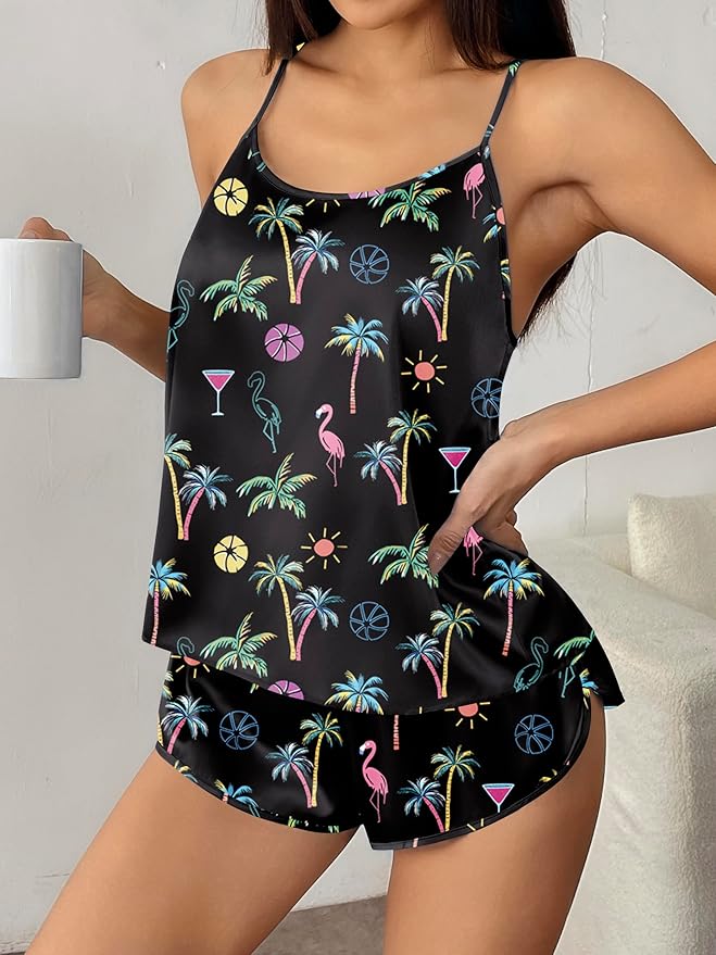 Ekouaer Silk Pajamas Set for Women Satin Backless Lingerie Pjs Cami Top and Shorts Nightwear