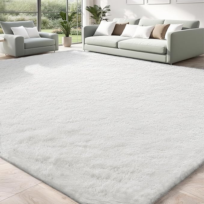 Shag White Rug 9x12 Area Rugs for Bedroom Living Room - Non Slip Ultra Soft Large Fluffy Fuzzy Shag Plush Shaggy Furry Rug for Dorm Kids Room Nursery Playroom, Home Office Big Modern Carpet