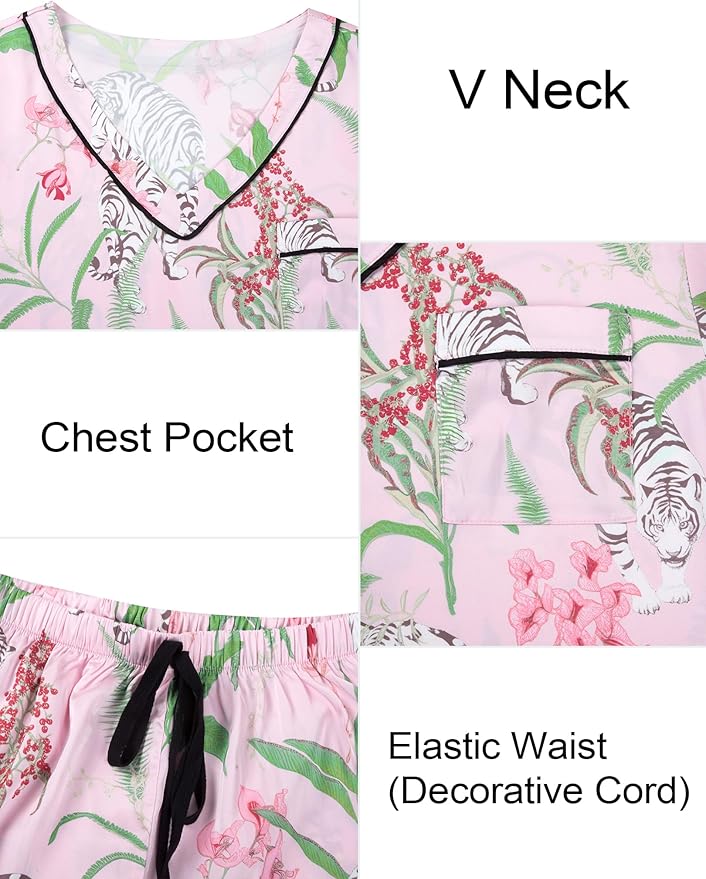 ASTANFY Valentines Day Pajamas Women 2 Piece Silk Valentine Pjs Cute Heart Pajamas V Neck Satin Sleepwear Loungewear Set