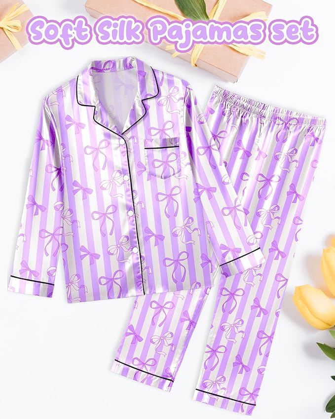 Girls Pajamas Silk PJS Set Satin Sleepwear Long Sleeve Jammies for Kids Button-Down Nightwear Loungewear 3-16 Years