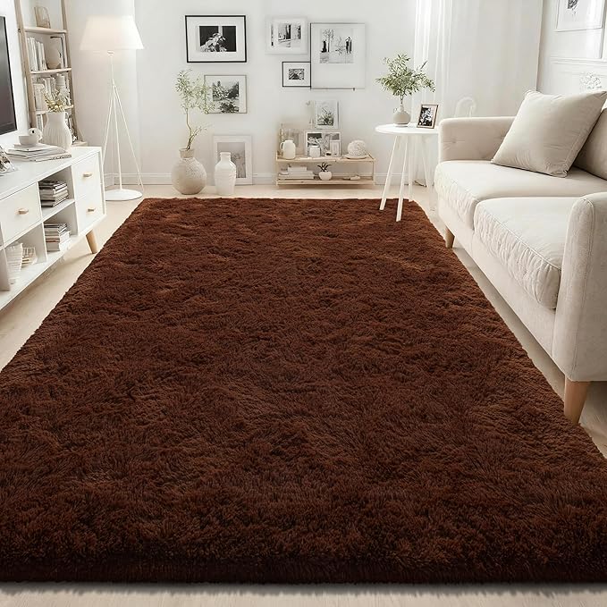 ISEAU 5x8 Area Rug for Living Room, Brown Rugs for Bedroom, Kitchen, Soft Shaggy Carpets, Fluffy and Machine Washable Mats, Under Bed, On Nursery Floors Mat, Boys, Girls Room Carpet Decor