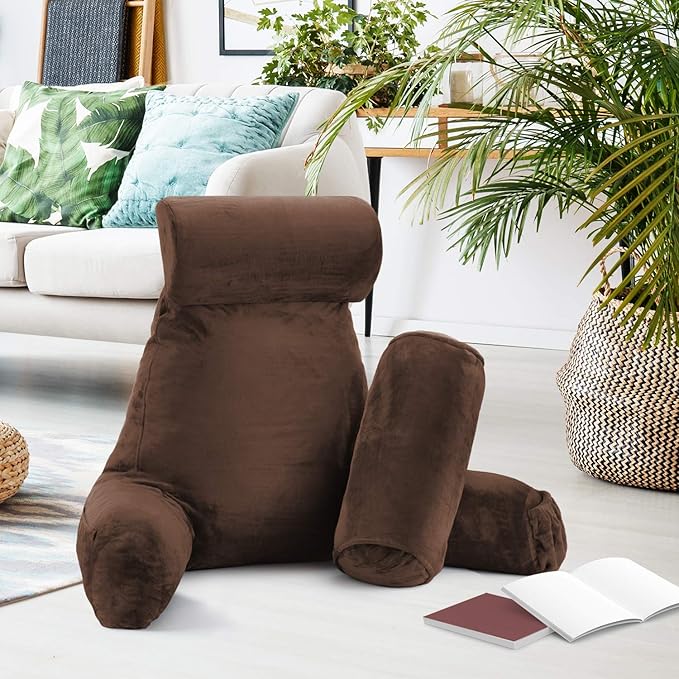 Clara Clark Reading Pillow with Shredded Memory Foam Includes 2 Neck and Lumber Support Pillows, Designed for Sitting Up in Bed and Couch, Back and Arms Adjustable Support for Adults, Chocolate Brown