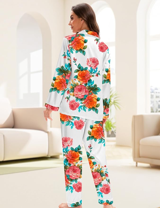 EPLAZA Silk Pajamas for Women Satin Pajamas Set 5 Pcs Long Sleeve Print Pattern Button Down Pjs Sleepwear Loungewear Set