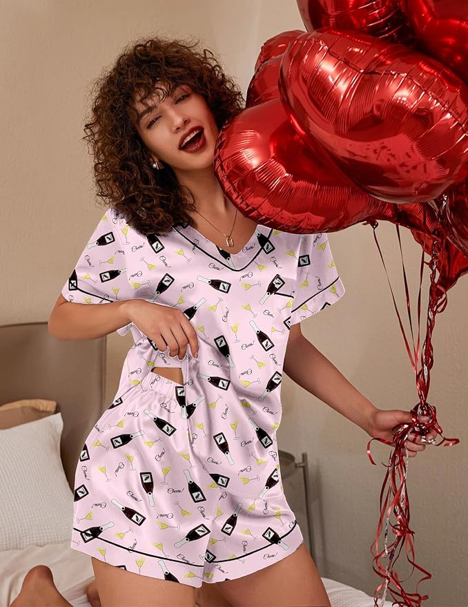 Ekouaer Silk Pajama for Women Short Sleeve Satin Pj Set Two Piece Soft Sleepwear Loungewear, S-XXL