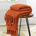 Chunky Knit Throw Blanket with Braided Tassels 50" x 60", Hand Knitted Soft Thick Yarn Basket Weave Boho Farmhouse Blanket, Plush Fluffy Tassel Decor Throw for Couch Bed Sofa, Rust Orange
