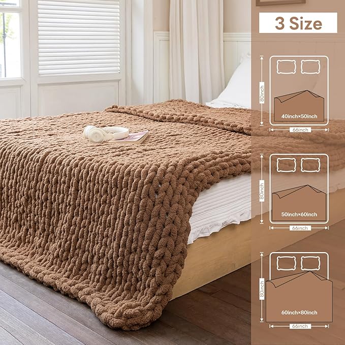 Chunky Knit Blanket - Luxury Soft Cozy 60 * 80 Throw Blanket,100% Woven Blanket Rope Knot Throw Blanket for Couch, Sofa, Home Decor, Gift - Machine Washable (Brown, 60 * 80)