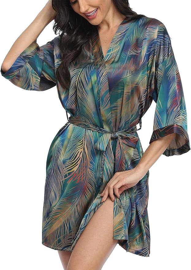 Women's Floral Satin Robes Bride Bridesmaid Getting Ready Robe Short Silky Kimono Sleepwear for Wedding Party