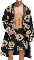 SWOMOG Men's Satin Robe Silky Kimono Bathrobe with Shorts Set Lightweight Soft Loungewear Nightwear