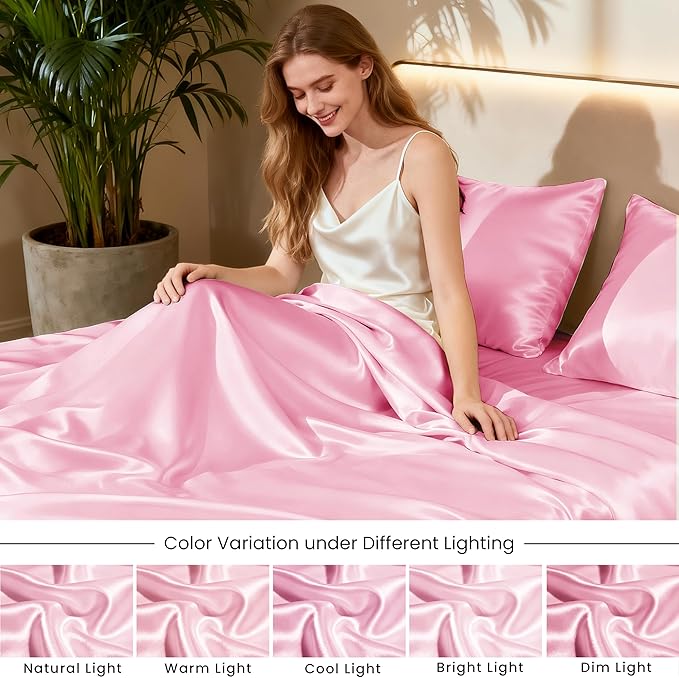 Love's cabin Twin Satin Sheets Sets - 3 Piece Pink Silky Bed Sheets with Deep Pockets, Luxury Silk Feel Satin Twin Size Sheet Set Bedding Set (1 Flat Sheet,1 Fitted Sheet,1 Pillow case)