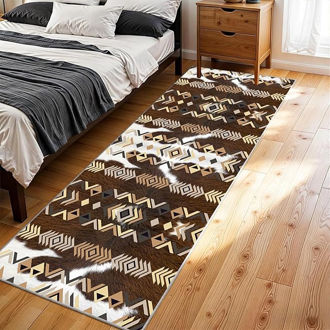 Western Runner Rug,4x8ft,Farmhouse Cow Print Runner Rug,Southwestern Native American Aztec Kitchen Rugs,Soft Non-Slip Washable Rustic Cabin Decor Cowhide Rugs,for Hallways Entry Western Decor