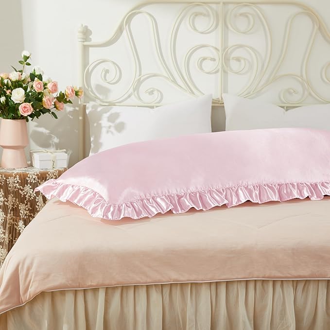 Blush Pink Satin Pillowcases Body Pillow for Hair and Skin,Blush Pink Body Pillow Silk Pillowcase with Envelope Closure Princess Room Decoration