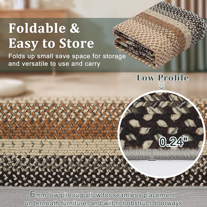 RUGSREAL Washable Runner Rug 2x8 Non Slip Braided Hallway Runner Rug Stain Resistant Kitchen Runner Mat Farmhouse Printed Rustic Accent Area Rug for Living Room Bathroom Entryway, Sand/Bronze