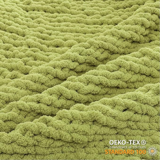 WESHIONGOO Chunky Knit Blanket Throw 51"×63" Knitted Throw Blankets for Couch Bed Fluffy Soft Blanket with Jumbo Chenille Yarn Thick 100% Handmade (Lime Green)
