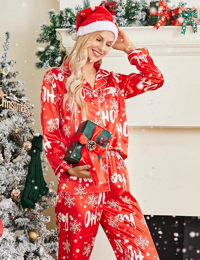 Ekouaer Women's Classic Button Down Long Satin Silk Pajama Set