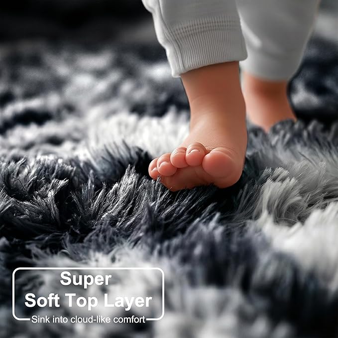 Amdrebio Black White Grey Rugs for Bedroom Living Room Decor, Fluffy Fuzzy Shaggy Furry Area Rug 5x7 for Kids Room Dorm Home Office Apartment, Shag Plush Floor Modern Cool Carpet for Teen Baby Boys