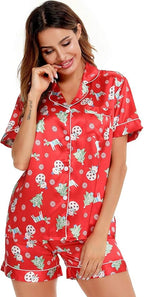 SWOMOG Womens Silk Satin Pajamas Set Short Sleeve Sleepwear Button Down Top and Shorts Loungewear 2 Piece Pjs Set XS-3XL
