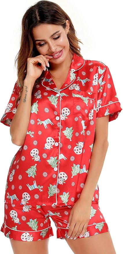 SWOMOG Womens Silk Satin Pajamas Set Short Sleeve Sleepwear Button Down Top and Shorts Loungewear 2 Piece Pjs Set XS-3XL