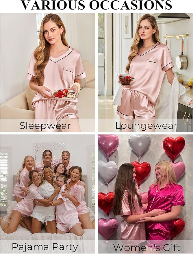 Silk Pajamas for Women Short Sleeve Satin 2 Piece Pj Set Soft V Neck Sleepwear Loungewear, S-XXL