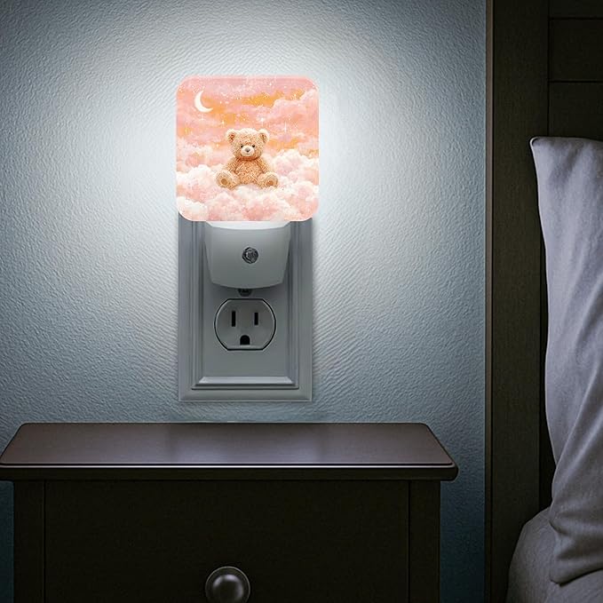 Bear Night Lights Plug Into Wall, Cute Fanciful Moon Clouds Winter Peach Energy Saving Automatic Led Night Lights for Guest Room Basement Office Decor 1pcs