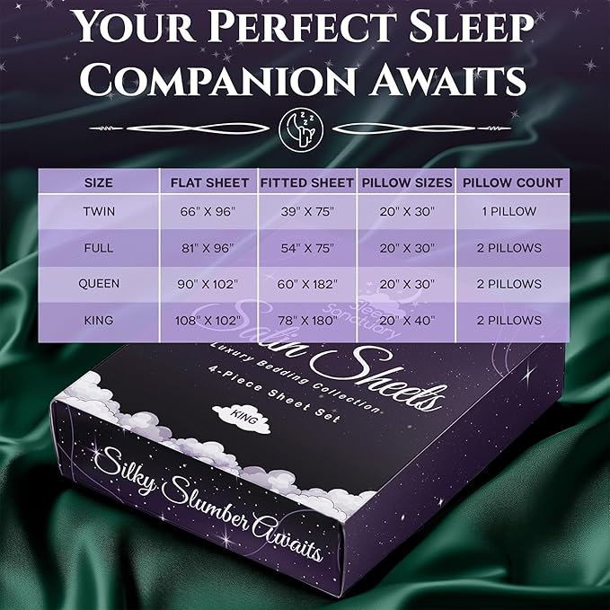 SLEEP SANCTUARY Satin Sheets Twin Size – 3 Piece Luxury Silky Bed Set, Softer Than Silk, 15" Deep Pocket, Cooling & Wrinkle-Free, Moisture-Wicking & Breathable for Hair & Skin (Dark Green)