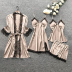 Women's 4pcs Silk Satin Pajamas Set Floral Lace Trim Dress with Robe Lounge Sleepwear Nightdress Novelty Loungewear