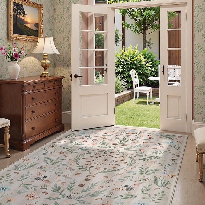 Lahome Chloe Insect Botanical Washable Beige 5x7 Area Rugs for Living Room, Non Slip Rugs for Bedroom, Boho Indoor Throw Dining Room Rugs for Under Table Carpet for Entryway Kitchen Office(Beige,5x7)