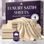 SLEEP SANCTUARY Satin Sheets Queen Size – 4 Piece Luxury Silky Bed Set, Softer Than Silk, 15" Deep Pocket, Cooling & Wrinkle-Free, Moisture-Wicking & Breathable for Hair & Skin (Ivory)