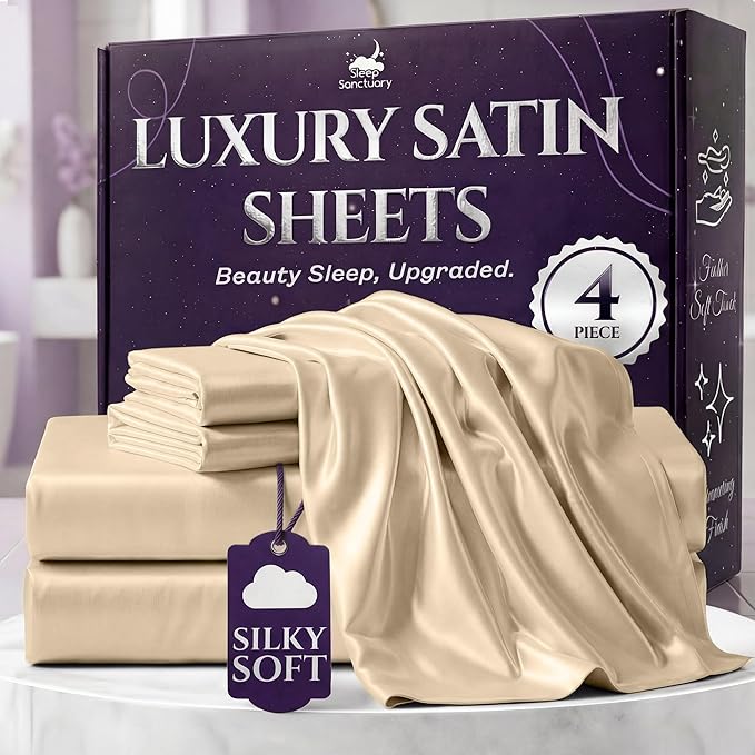 SLEEP SANCTUARY Satin Sheets Full Size – 4 Piece Luxury Silky Bed Set, Softer Than Silk, 15" Deep Pocket, Cooling & Wrinkle-Free, Moisture-Wicking & Breathable for Hair & Skin (Ivory)