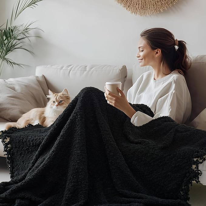 Throw Blanket for Couch, Black Luxury Knitted Throws 60"x80", Textured Blankets with Handmade Fringe Tassels for Bed Sofa Decorative, Chunky Soft Farmhouse Boho Home Decor