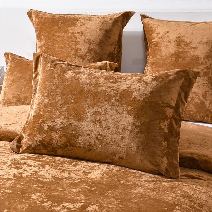 Fredsure Distressed Velvet Comforter Set, 5 Pieces Gold Caramel Queen, Distressed Velvet Face and Brushed Microfiber Reverse