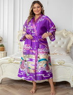 Women's Floral Long Satin Robes Plus Size Long Silk Robes Peacock Floral Kimonos Sleepwear Dressing Gown