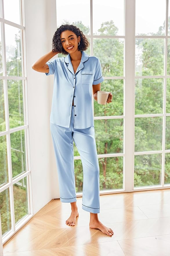 Ekouaer Silk Satin Pajamas Set Women Short Sleeve Sleepwear Soft Button Down Loungewear Pjs Set
