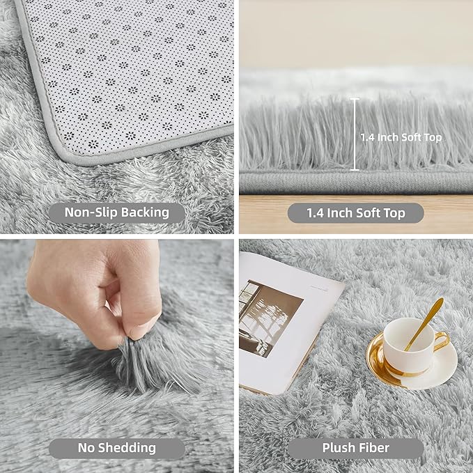 Litanika 5x8 Shag Area Rug for Living Room Bedroom, Tie-Dyed Light Grey High Pile Soft Plush Shaggy Furry Bedside Playroom Dorm Carpet, Non-Slip, Non-Shedding Modern Indoor Floor Rug