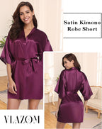 Vlazom Womens Kimono Robes Dressing Gown Satin Bathrobe Nightdress Short Style Bridal Robe
