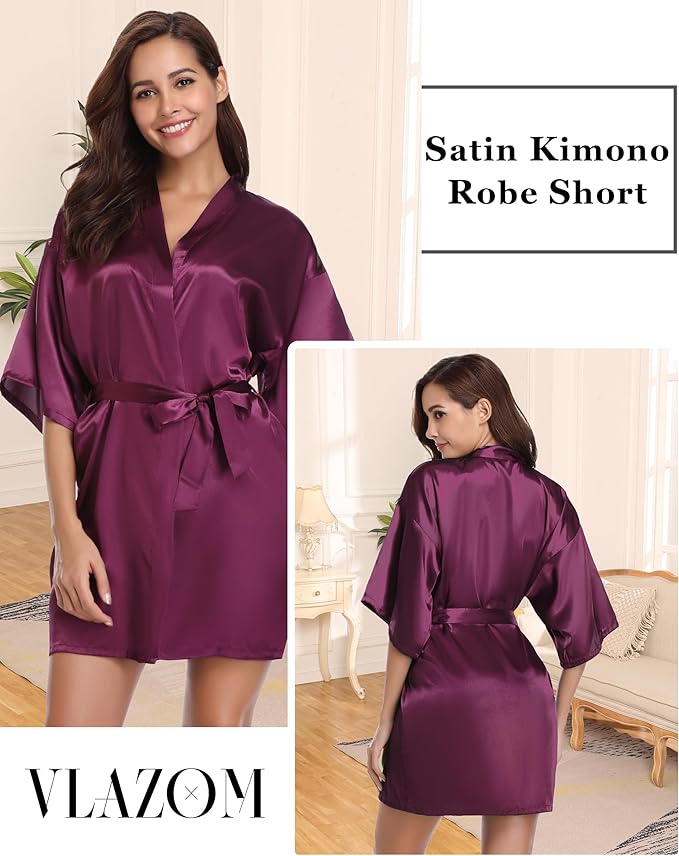 Vlazom Womens Kimono Robes Dressing Gown Satin Bathrobe Nightdress Short Style Bridal Robe
