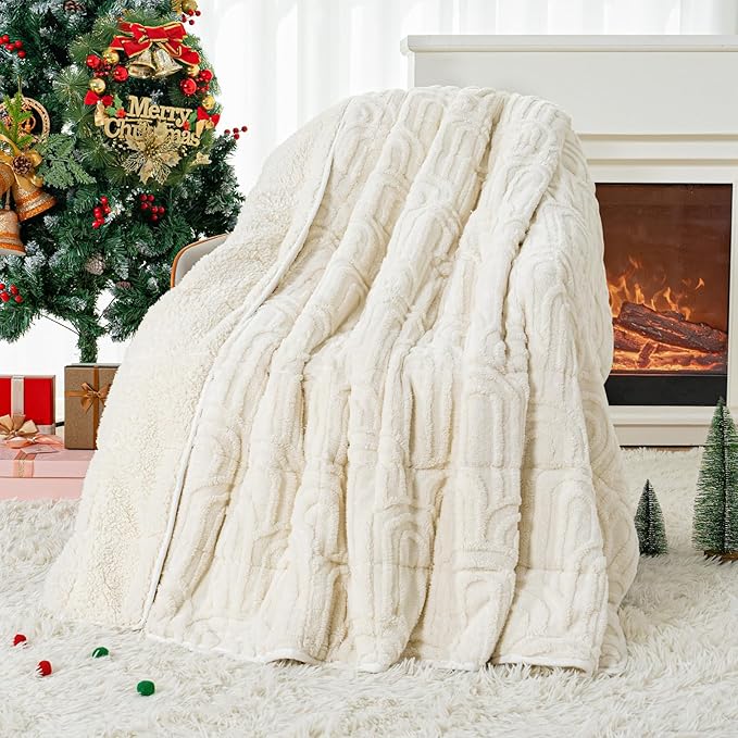 Cottonblue Jacquard Weighted Blanket for Adults 15 lbs Twin Size, Soft Fluffy Sherpa Fleece Weighted Throw Blankets 60" x 80" for Sleep Relax, Fuzzy Warm Arch Heavy Blanket for Bed Couch, Cream White
