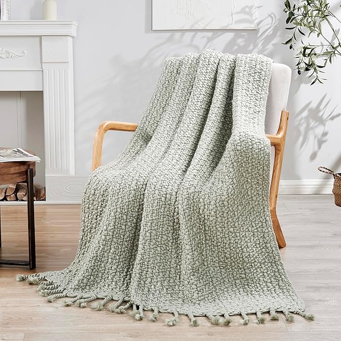 Chunky Knit Throw Blanket with Braided Tassels 50" x 60", Hand Knitted Soft Thick Yarn Basket Weave Boho Farmhouse Blanket, Plush Fluffy Tassel Decor Throw for Couch Bed Sofa, Silver Green