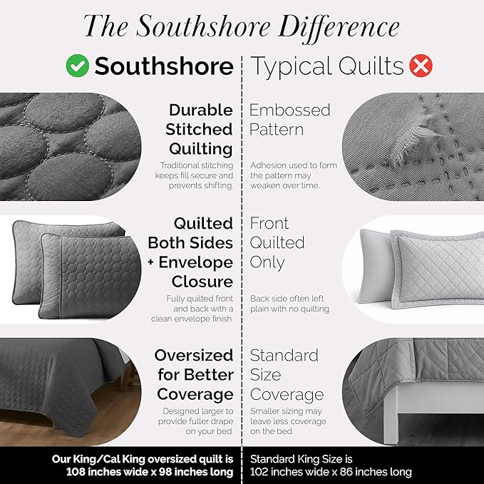 Southshore Fine Living, Inc. Oversized California King Quilts Bedding Set, Lightweight Quilt, Soft Coverlet, 3-Piece Bedspread Set with Two Matching Quilted Pillow Shams, King/California Size, Slate