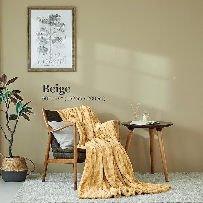 MHD l [Made in Korea] Premium Faux Fur Throw Blanket :Luxury Double-Sided 15mm Microfiber Blanket, 800 GSM :Beige, 60" x 79"