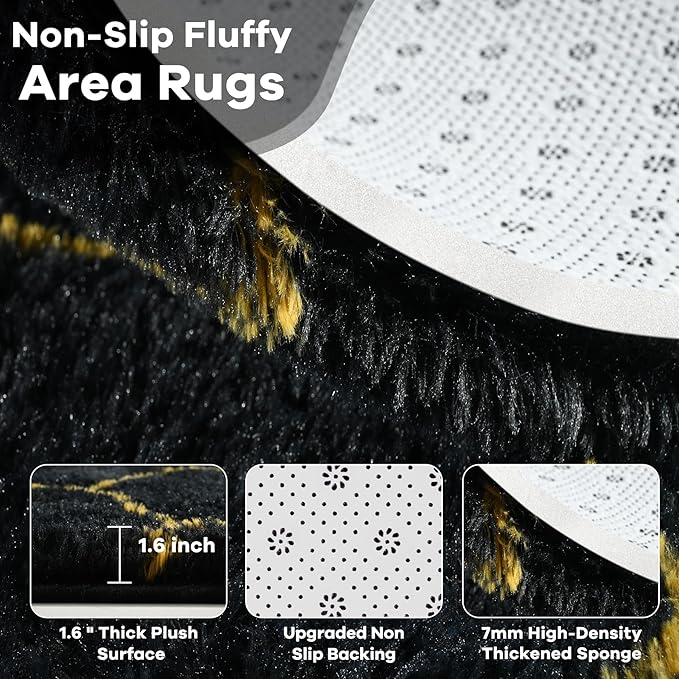 Fluffy 4x6 Area Rugs for Bedroom Living Room,Thick Shag Throw Floor Carpet,Soft Shaggy Bedside Non-Slip Rug Black Gold
