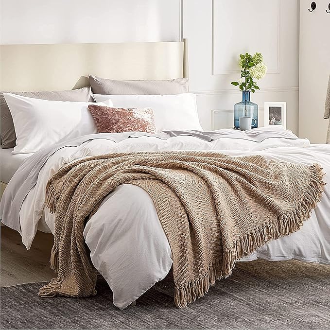 Bedsure Throw Blankets for Couch - Textured Chunky Knit Woven Chenille Blanket - Super Soft, Warm Decorative Boho Throw with Tassels for Bed, Sofa and Living Room Decor, Khaki, 50x60 Inches