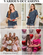 Silk Pajamas for Women Short Sleeve Satin 2 Piece Pj Set Soft V Neck Sleepwear Loungewear, S-XXL