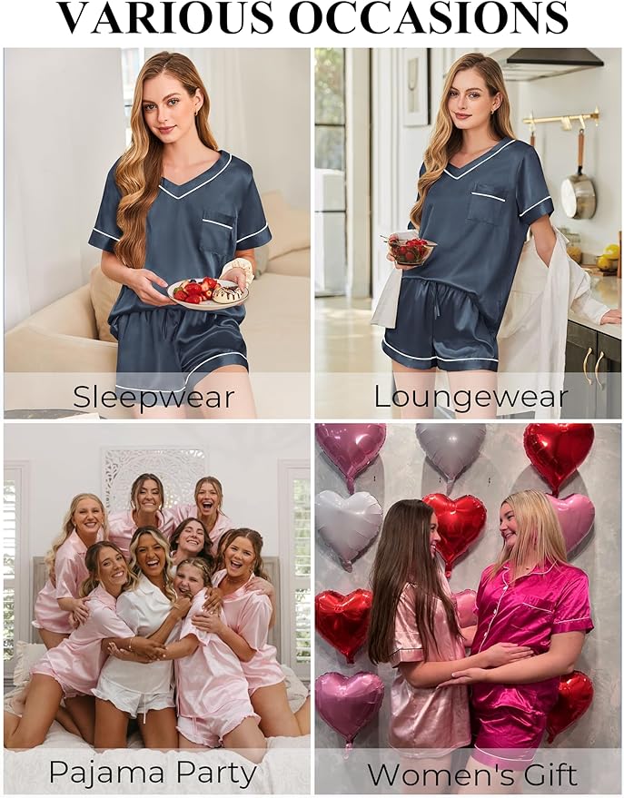 Silk Pajamas for Women Short Sleeve Satin 2 Piece Pj Set Soft V Neck Sleepwear Loungewear, S-XXL