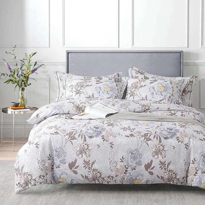 ALEISSEL Luxurious Cotton 3pcs Floral Comforter Sets King Size - Light Gray Comfoter with Bluish Gray & Taupe Floral and Botanical Prints, Vintage Lightweight Bedding Sets(King 104"×90")