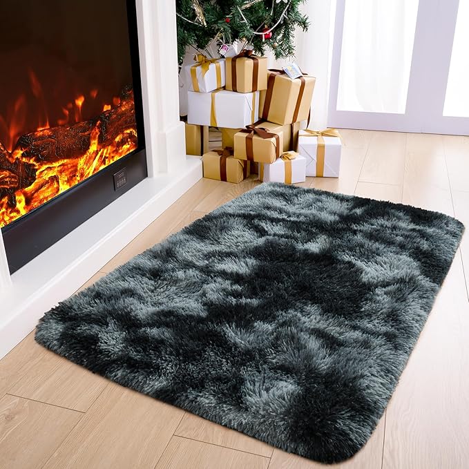 Noahas Door Mat Indoor Entrance,2x3 Shaggy Small Tie-Dyed Black and Grey Area Rugs for Entryway,Non-Slip Fluffy Entry Bedroom Rug,Soft Plush Bedside Throw Kids Carpet