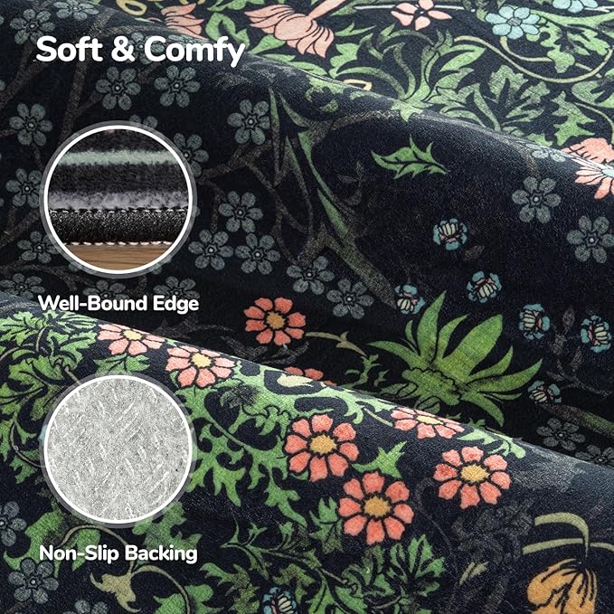 Lessymo Area Rugs 9x12 Living Room, Soft Washable Rug for Bedroom Dining Room Nursery Farmhouse, Boho Non Slip Low Plie Large Carpet Vintage Moody Dark Boho Flower, Black Green